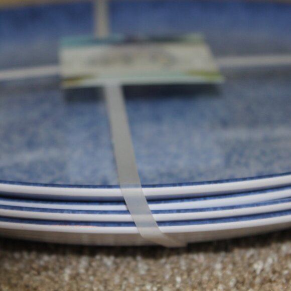 Bungalow No 10 Melamine Dinner Plates Blue White Indoor Outdoor 11" Set of 4 NWT - Picture 5 of 6